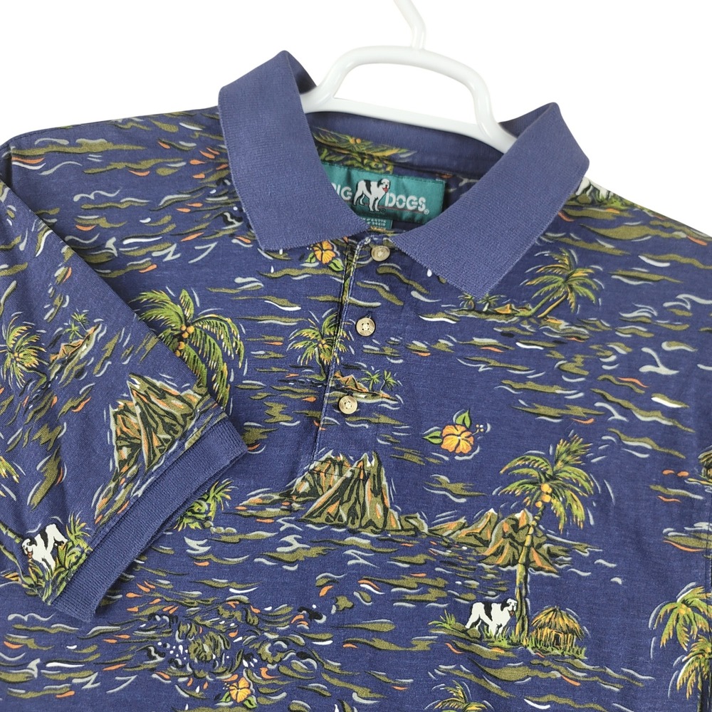 Big Dogs Polo Shirt Mens Large Blue Tropical Hawaiian Palm Tree AOP Vintage 90's